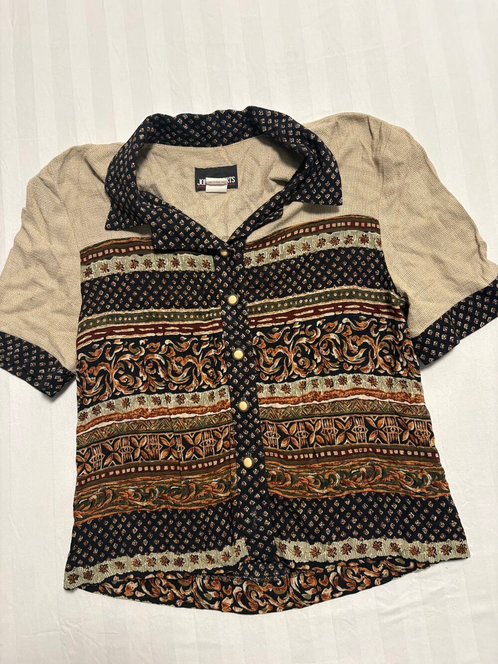 Vintage Joan Roberts Southwest Boho Print Button Front Blouse Made in USA